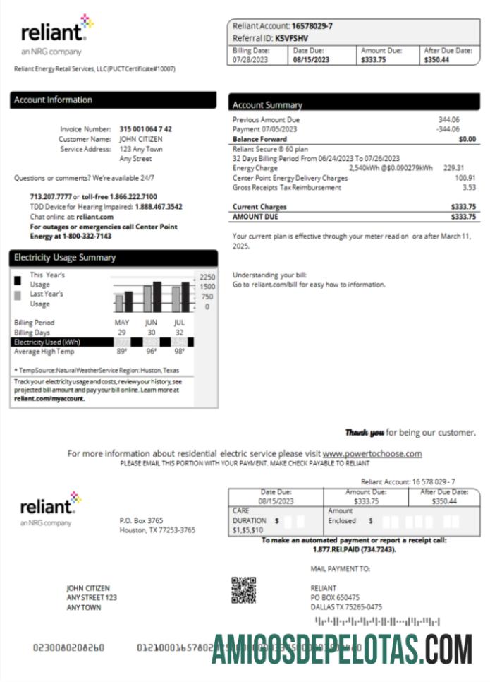 Em branco modelo Word e PDF de conta de serviços públicos dependente dos EUA
